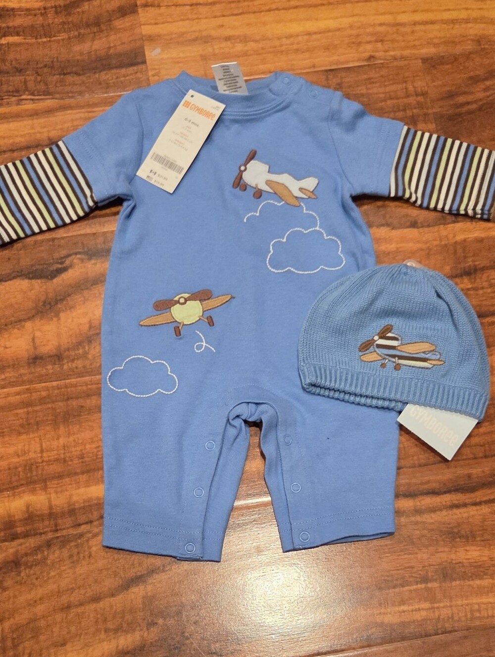 Gymboree NWT 0-3 Months Blue/Brown Airplane One-Piece Romper and Sweater Hat